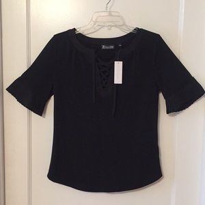 NWT black lace up blouse, size S